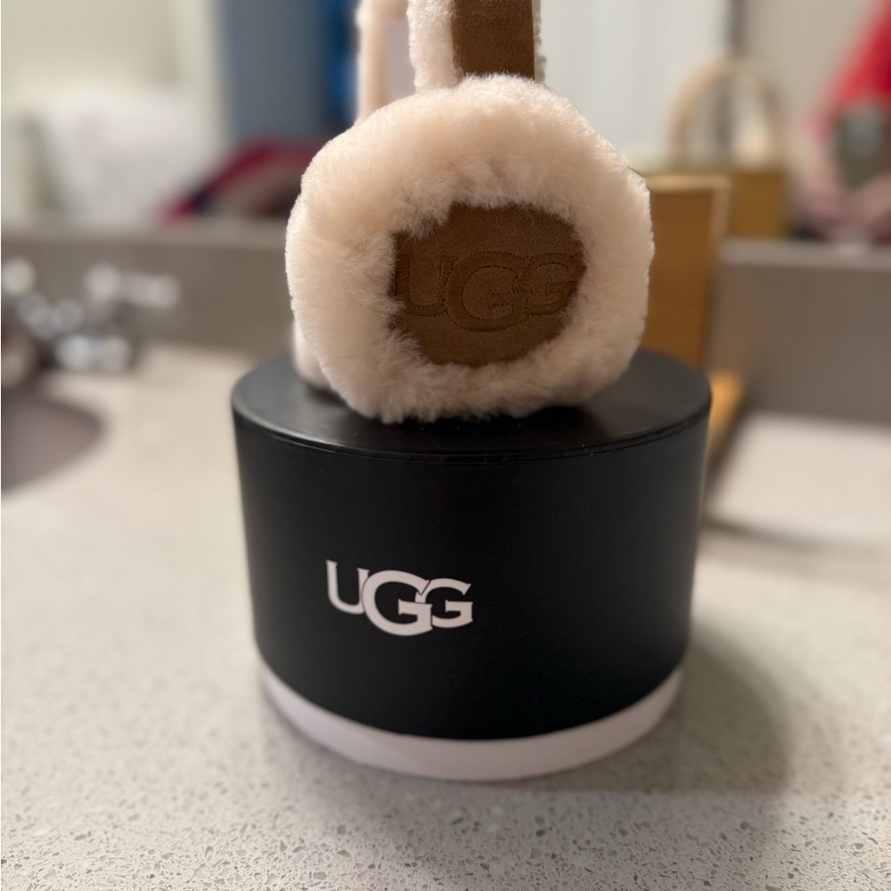 UGG Embroidered Letter Accents Cream and Brown Plush Earmuffs